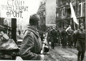 Soviet troops escorting German officers to surrender negotiations, Breslau, Germany (now Wroclaw, Poland), 6 May 1945 