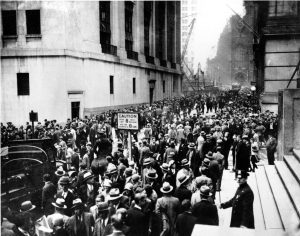 Crowds panic in the Wall Street district of Manhattan  New York City on ''Black Thursday'', Oct. 24, 1929. 